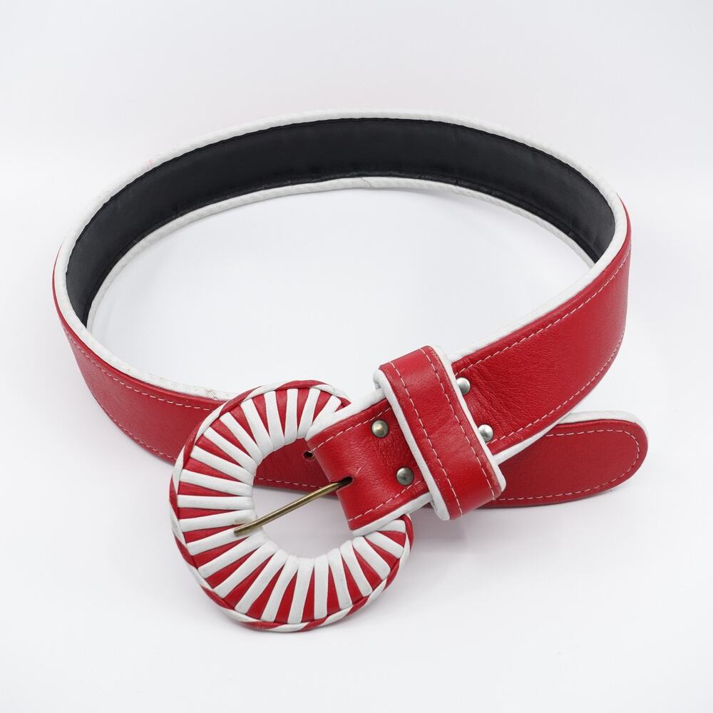 Vintage Red Leather Belt with Striped Large Buckle